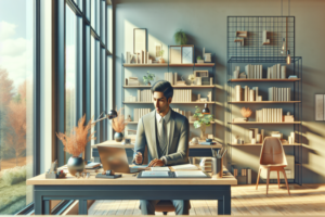 Ein Mann in einem grauen Anzug arbeitet an einem Schreibtisch in einem modernen, hellen Büro mit großen Fenstern und Bücherregalen im Hintergrund.