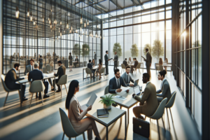Menschen in einem modernen Büro bei Besprechungen und der Zusammenarbeit an Tischen
