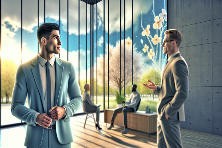 Geschäftsleute in formeller Kleidung bei einem Meeting in einem modernen, hellen Büro mit großen Fenstern, durch die blühende Bäume sichtbar sind.