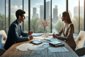 in Geschäftsmeeting zwischen einem Mann und einer Frau in einem modernen Büro mit Stadtblick.