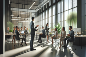 Geschäftstreffen in einem modernen Büro mit natürlichen Licht und Pflanzen