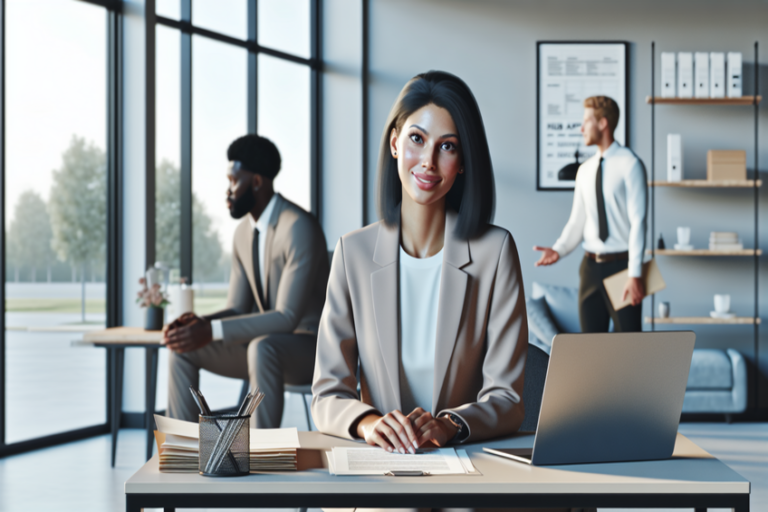 Professionelle Geschäftsfrau arbeitet konzentriert an ihrem Schreibtisch in einem modernen Büro, während Kollegen im Hintergrund eine Diskussion führen.