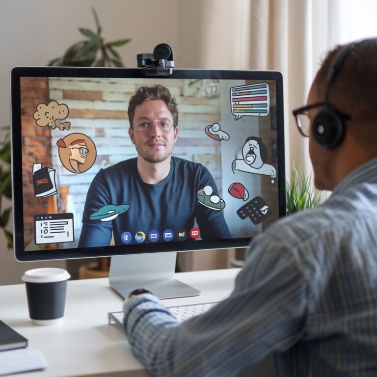 Eine Person, die an einer Videokonferenz teilnimmt. Auf dem Bildschirm ist ein Mann zu sehen, umgeben von kreativen, gezeichneten Symbolen, während der Teilnehmer mit Kopfhörern und vor einem Computer sitzt.