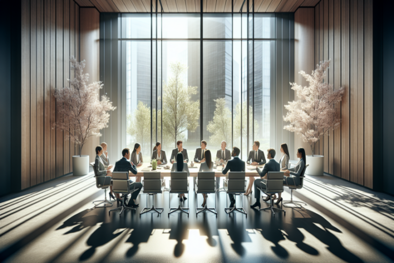 Moderne Büroszene mit Geschäftspersonen in einer Besprechung in einem lichtdurchfluteten Raum mit großen Fenstern und Stadtblick