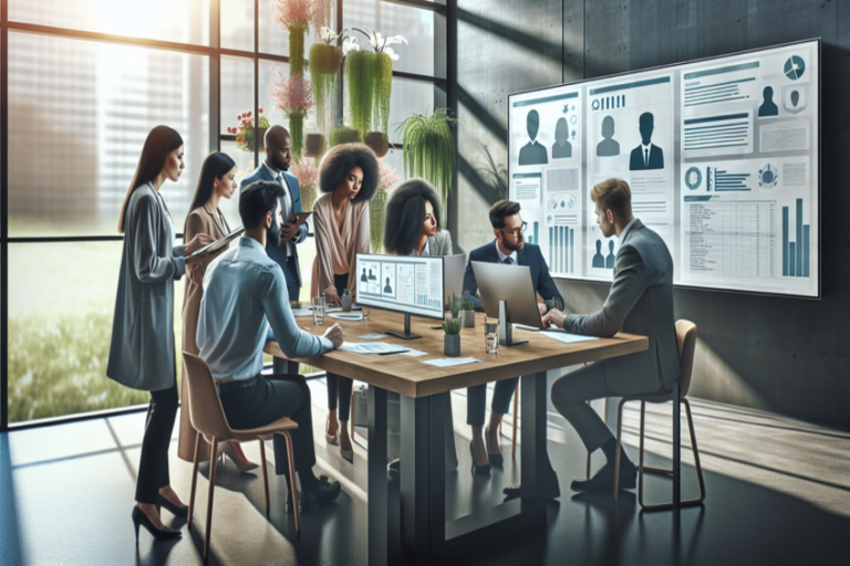 Team von Geschäftsleuten in einem modernen Büro diskutiert vor einer Datenpräsentation