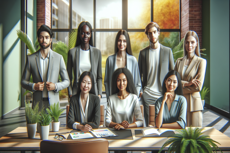 Eine diverse Gruppe von acht Geschäftspersonen in formeller Kleidung posiert lächelnd für ein Gruppenfoto in einem modernen Büro.