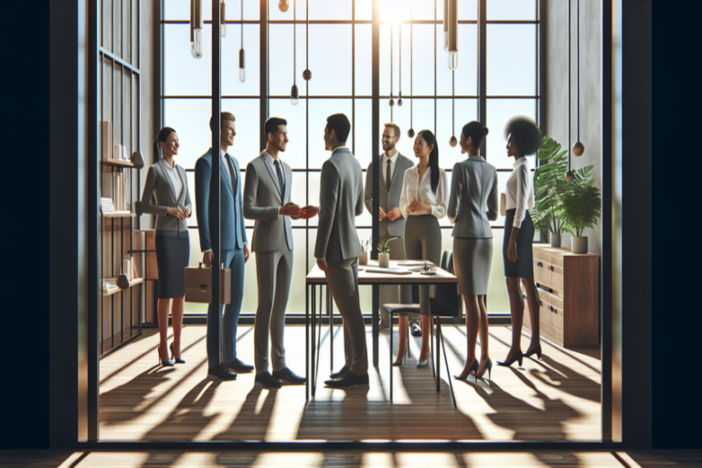 Geschäftstreffen in einem modernen Büro mit mehreren professionell gekleideten Personen, die sich unterhalten und zusammenarbeiten.