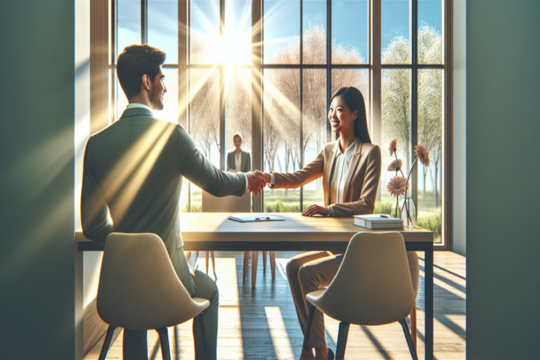 Geschäftliches Treffen zwischen einem Mann und einer Frau in einem modernen Büro mit Tageslicht und grünem Hintergrund