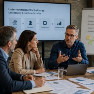 Strategische Besprechung in einem mittelständischen Unternehmen. Führungskräfte diskutieren gemeinsam die Umsetzung einer Unternehmensentscheidung.