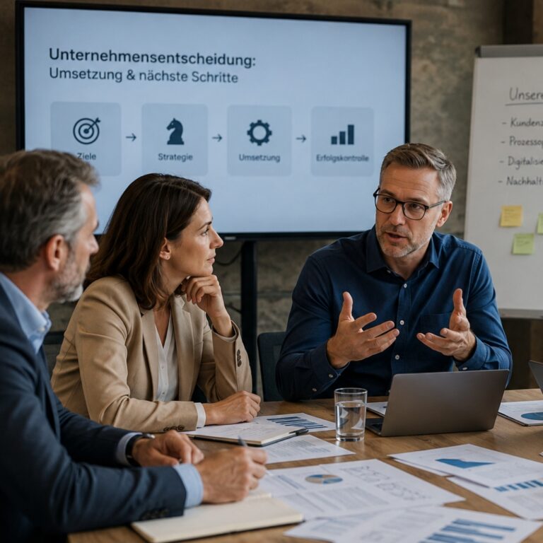 Strategische Besprechung in einem mittelständischen Unternehmen. Führungskräfte diskutieren gemeinsam die Umsetzung einer Unternehmensentscheidung.